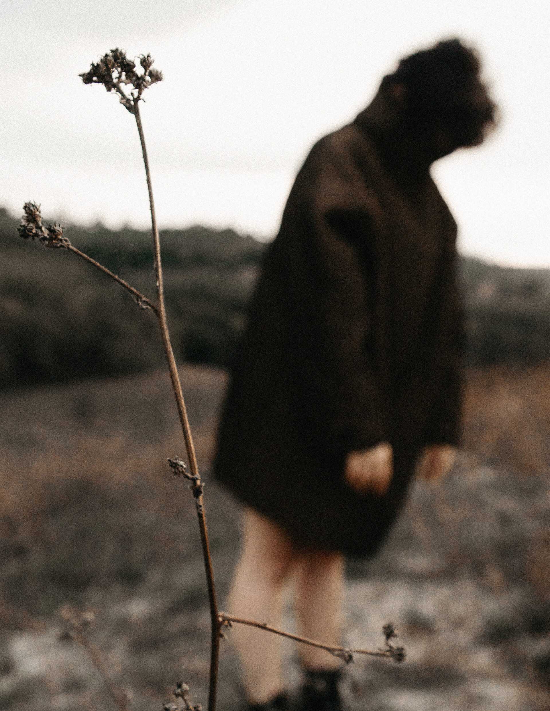 Blurred figure in a dark oversized coat standing in a muted rural landscape, focus on a dry plant stem in the foreground, earthy and contemplative
